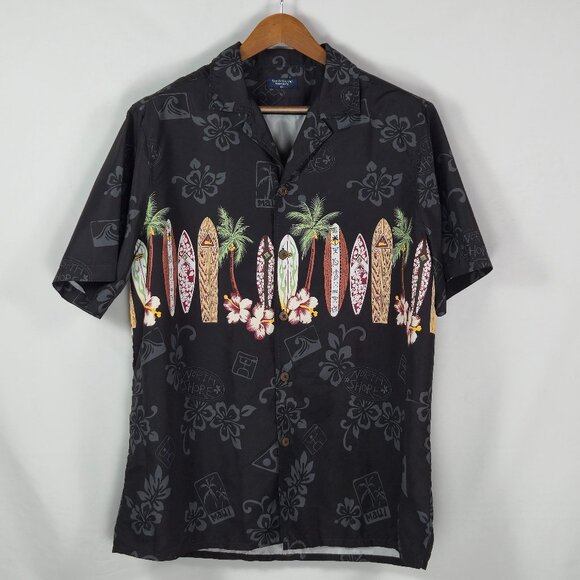Year In Year Out XL Hawaiian Shirt Black Surfboards Palms Tropical Beachwear - Picture 1 of 10